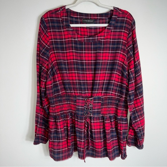 Lane Bryant Red Plaid Flannel Top Shirt-Lace Up Corset Waist-Size 20 - Picture 1 of 9
